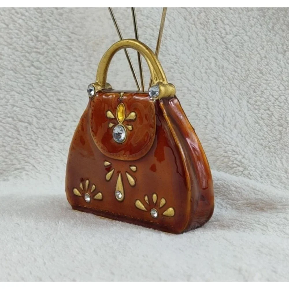 Enameled Miniature Purse Photo Card Holder Paperweight Decorative Brown Copper